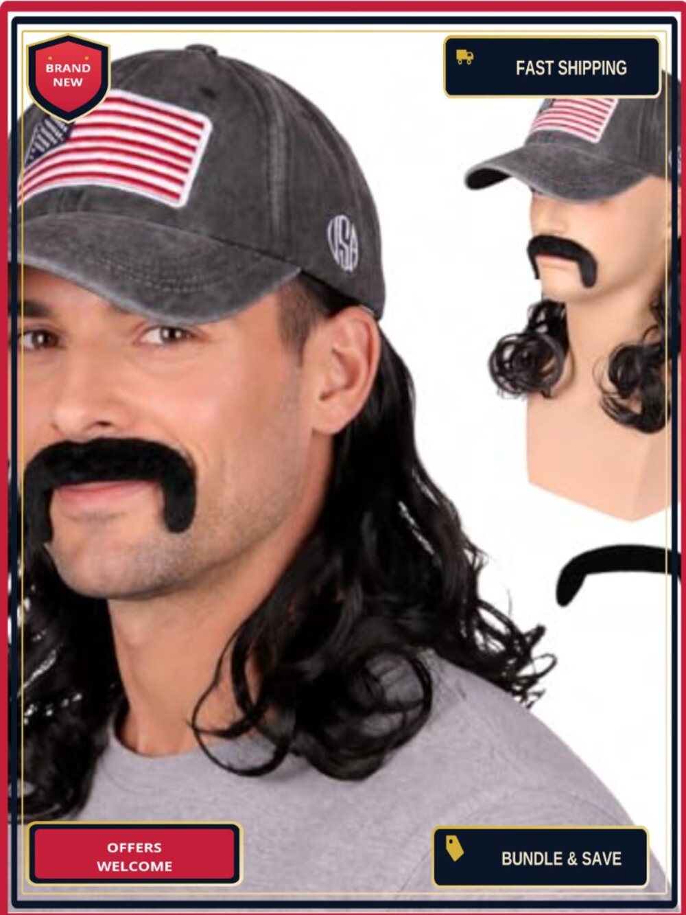 Synthetic Fiber Wavy Mullet Hat Wig with Mustache for Cosplay Party